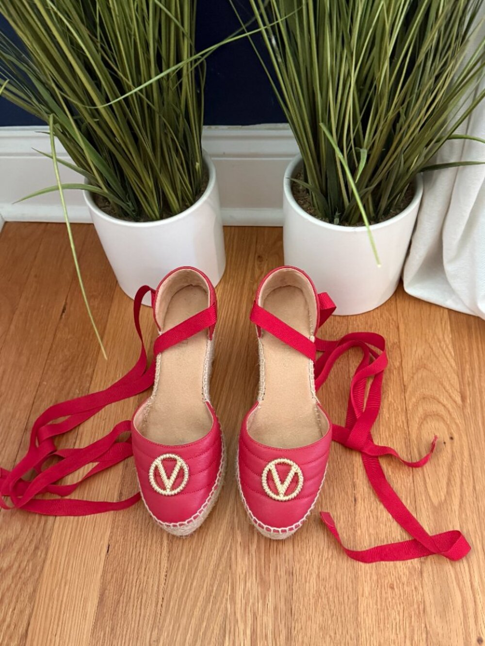 Valentino Roberta Leather Wedge Espadrilles Red